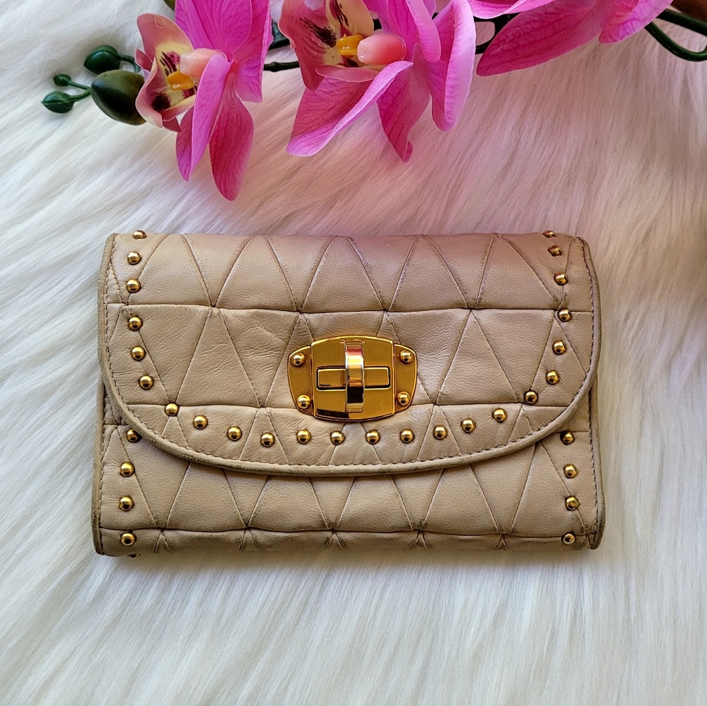 MIU MIU Turnlock Quilted Studded Beige Leather Trifold Wallet
